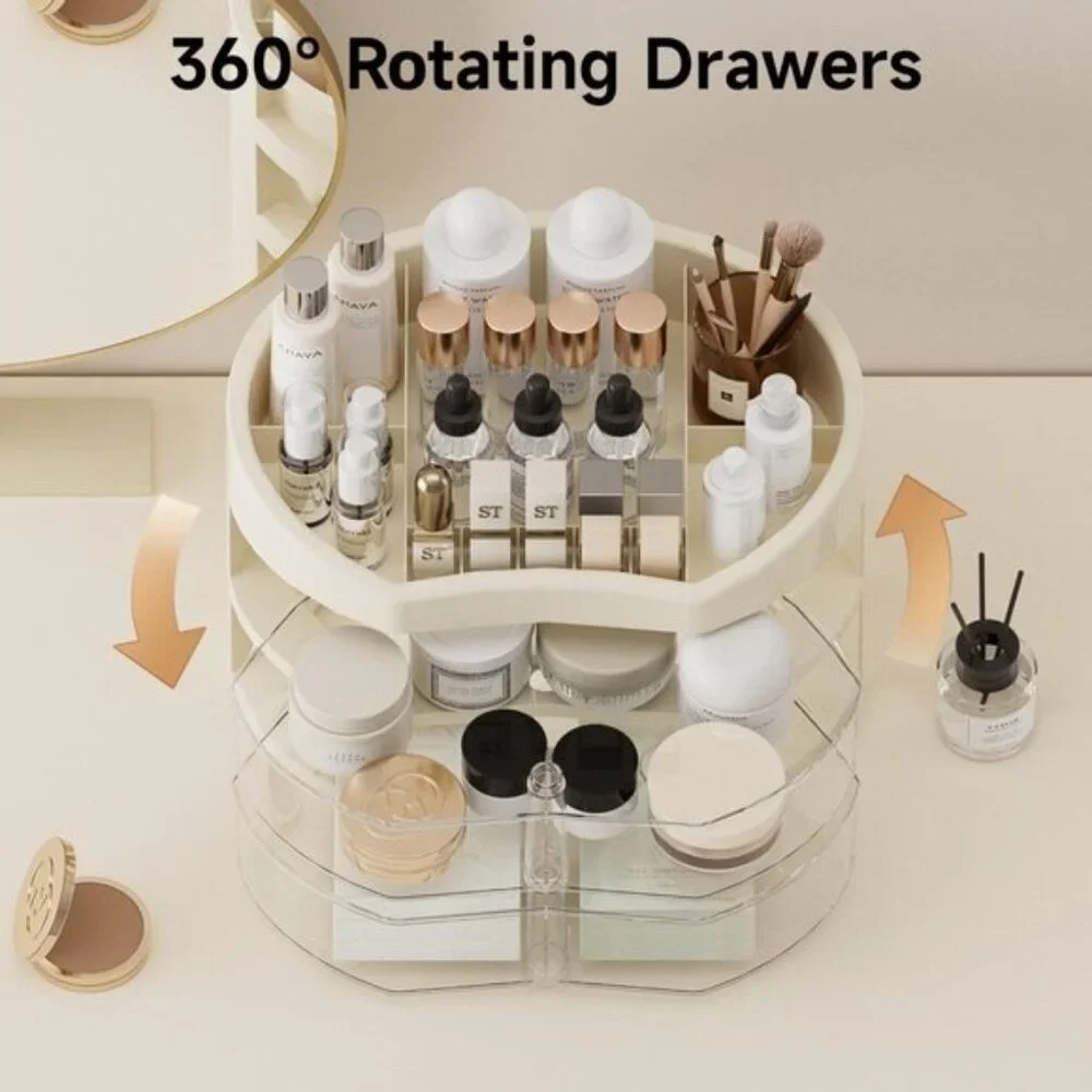 New 360° Rotating Makeup Organizer, Vanity Countertop with 2 Spacious Drawers